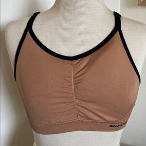 Skechers Tan Ribbed Bralette Sports Bra Black Straps Ruched Center Detail Size L